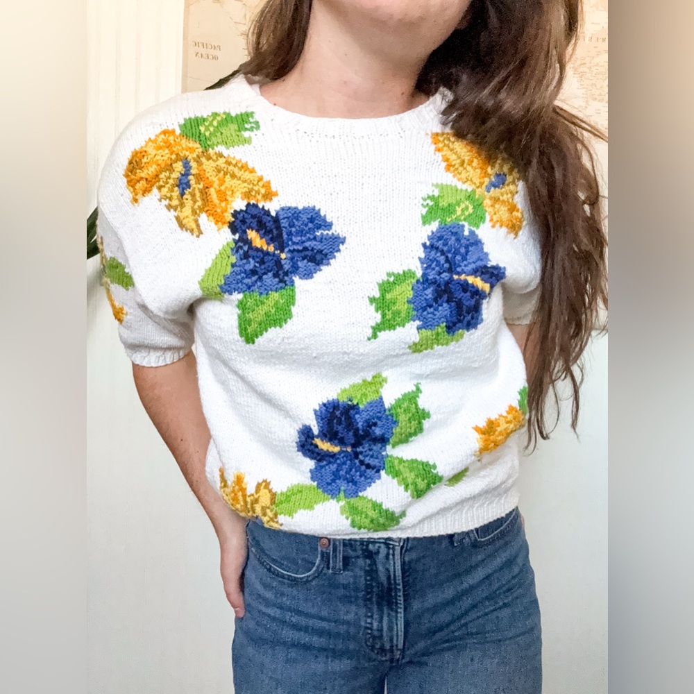 Vintage Marisa Christina White Sweater with Blue and Yellow Floral Design